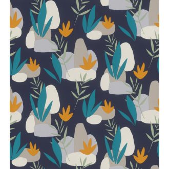   Rasch SALSA 463453 Natur Absztrakt grafikus stilizált növények kövek éjkék fehér világosszürke galambkék türkiz narancs tapéta