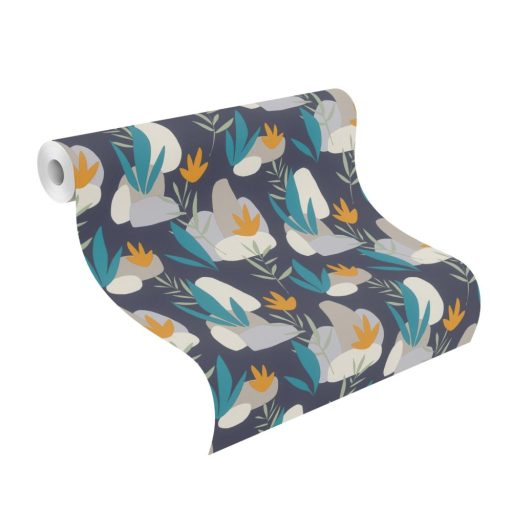 Rasch SALSA 463453 Natur Absztrakt grafikus stilizált növények kövek éjkék fehér világosszürke galambkék türkiz narancs tapéta