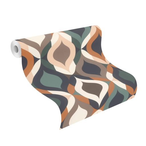 Rasch SALSA 463729 Grafikus retrominta a 70-es évekből fehér bézs narancs barna jáde és fenyőzöld fekete tapéta