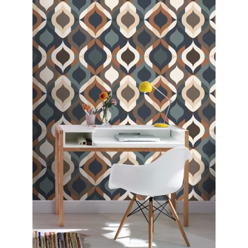 Rasch SALSA 463729 Grafikus retrominta a 70-es évekből fehér bézs narancs barna jáde és fenyőzöld fekete tapéta