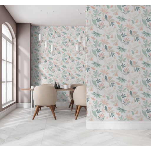 Absztrakt grafikus virágmotívum - színes sziluettek fehér zöld bézs és sokszínű tónus tapéta