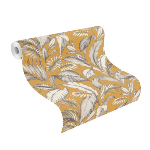Rasch SALSA 464764 Natur Botanikus stílusos levélmintázat 3D okkersárga fehér szürke fekete tapéta