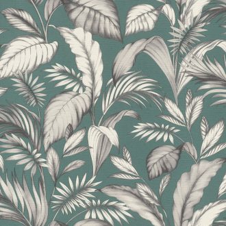   Rasch SALSA 464771 Natur Botanikus stílusos levélmintázat 3D patinazöld fehér szürke fekete tapéta