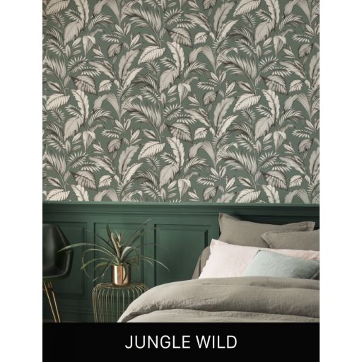 Rasch SALSA 464771 Natur Botanikus stílusos levélmintázat 3D patinazöld fehér szürke fekete tapéta