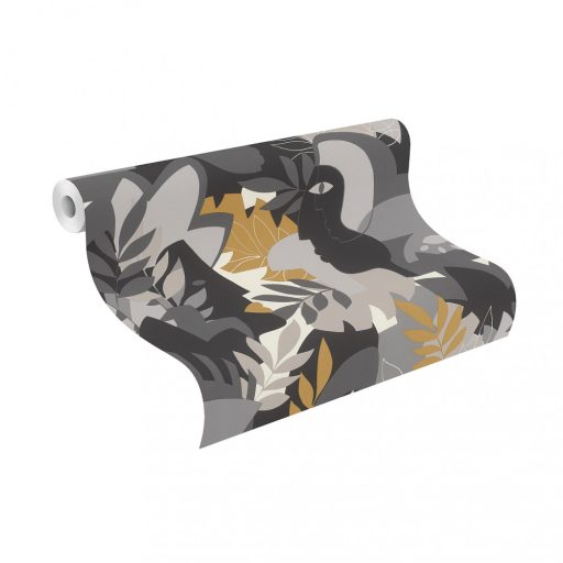 Rasch SALSA 464849 Absztrakt művészet arcok és levelek extravagáns modern minta fehér szürke fekete okkersárga tapéta