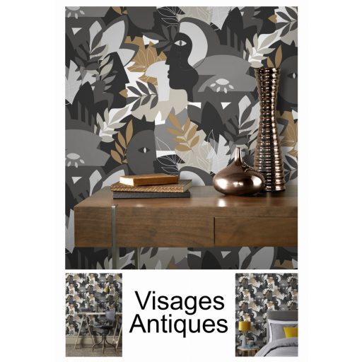 Rasch SALSA 464849 Absztrakt művészet arcok és levelek extravagáns modern minta fehér szürke fekete okkersárga tapéta