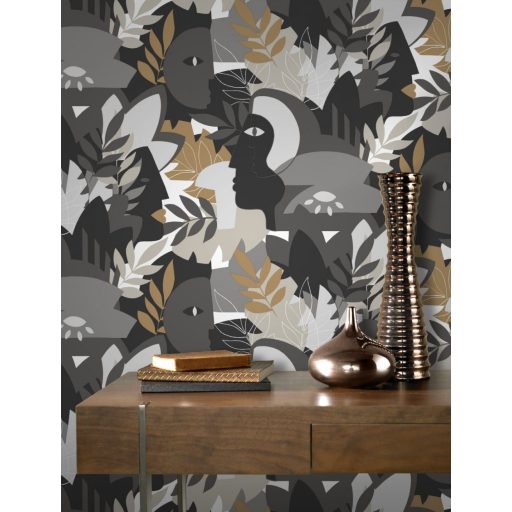 Rasch SALSA 464849 Absztrakt művészet arcok és levelek extravagáns modern minta fehér szürke fekete okkersárga tapéta