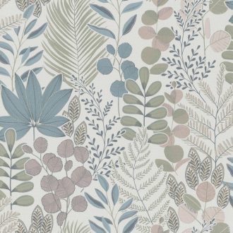   Rasch SALSA 465310 Natur Botanikus lágy pasztell levélminta textil háttéren fehér rózsaszín limezöld galambkék barack farmerkék tapéta