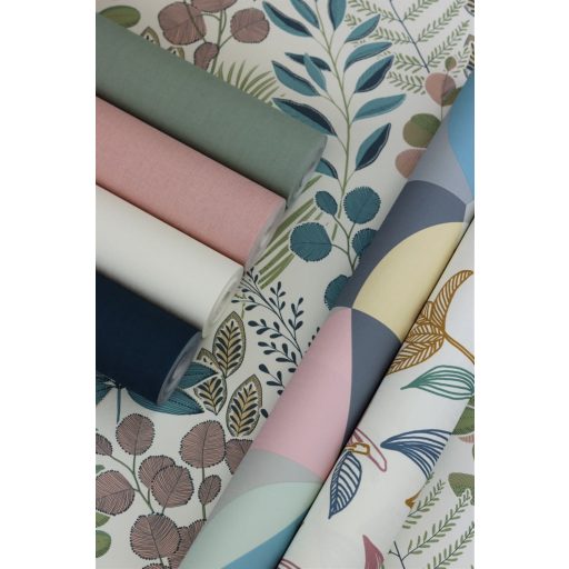 Rasch SALSA 465310 Natur Botanikus lágy pasztell levélminta textil háttéren fehér rózsaszín limezöld galambkék barack farmerkék tapéta