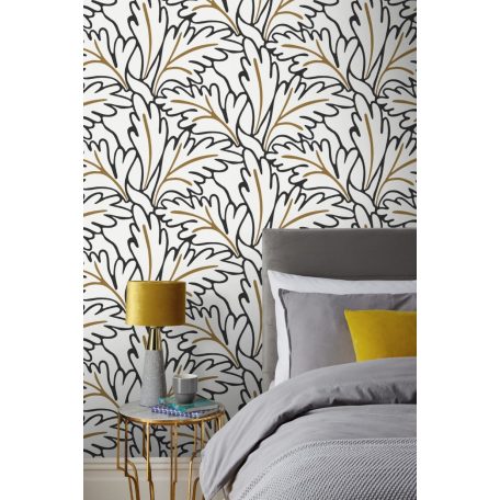 Rasch SALSA 465686 Natur Botanikus túlméretezett naív levelek textil háttéren fehér fekete okkersárga tapéta