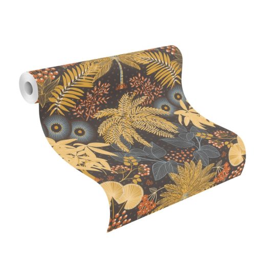 Rasch SALSA 465730 Natur Botanikus "tüzijáték" virágokból és levelekből fekete okkersárga téglavörös galambkék fehér tapéta