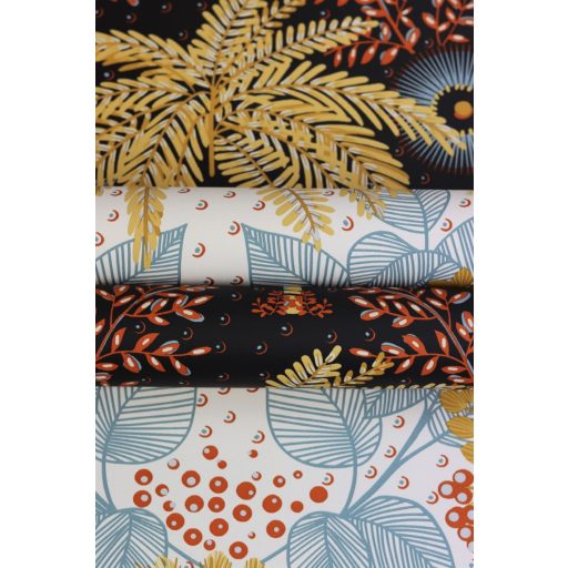 Rasch SALSA 465730 Natur Botanikus "tüzijáték" virágokból és levelekből fekete okkersárga téglavörös galambkék fehér tapéta