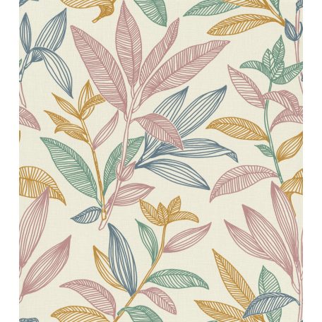 Rasch SALSA 466423 Natur Grafikus ágak levelek vázlatos rajz megjelenítésben textil háttér krémfehér okkersárga rózsaszín jádezöld azúrkék tapéta