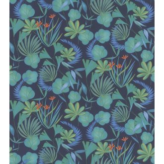   Rasch SALSA 466607 Natur Botanikus füvek levelek virágok ötletes keveréke sötétkék fekete zöld kék narancssárga tapéta