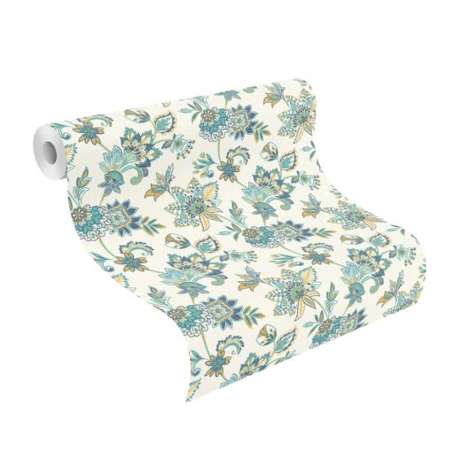 Rasch SALSA 466737 Natur Botanikus keleties hatású virágminta krémfehér okkersárga éjkék benzin és türkizzöld tapéta