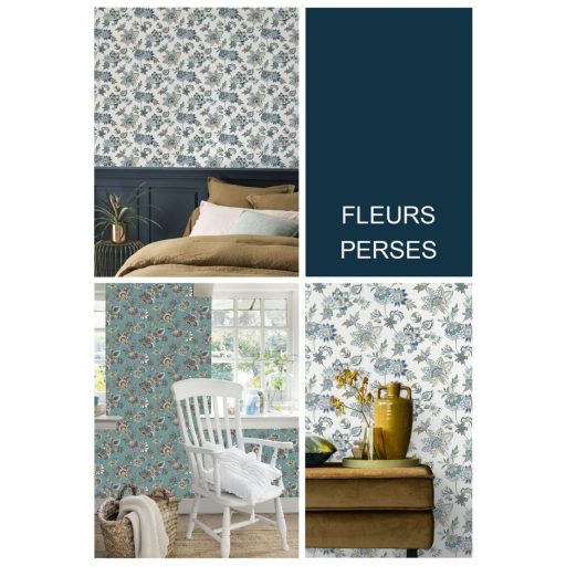 Rasch SALSA 466737 Natur Botanikus keleties hatású virágminta krémfehér okkersárga éjkék benzin és türkizzöld tapéta