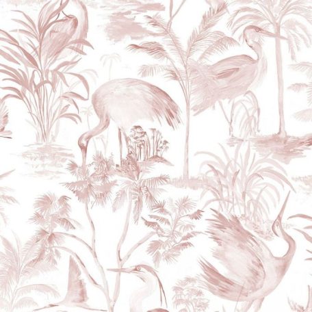 Gázlómadarak pálmák és páfrányok között trópusi életkép fehér és rózsaszín tónus tapéta