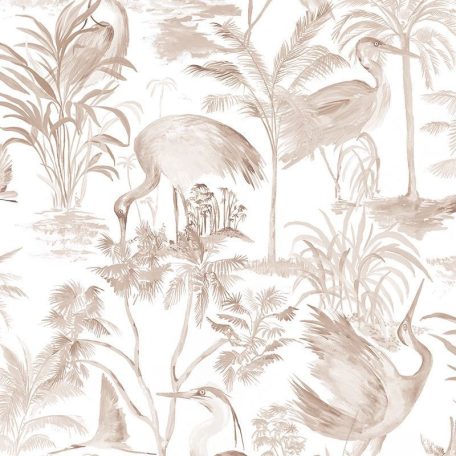 Gázlómadarak pálmák és páfrányok között trópusi életkép fehér és barna tónus tapéta