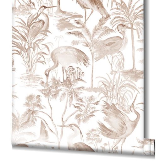 Gázlómadarak pálmák és páfrányok között trópusi életkép fehér és barna tónus tapéta