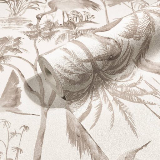 Gázlómadarak pálmák és páfrányok között trópusi életkép fehér és barna tónus tapéta