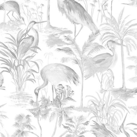 Gázlómadarak pálmák és páfrányok között trópusi életkép fehér és szürke tónus tapéta