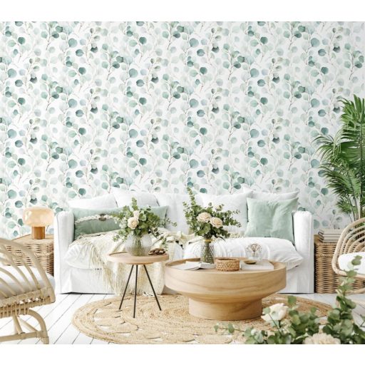 Bevezetés a botanikába -  Filigrán pilea ágak kerekded levelekkel fehér zöld szürke krém és szürkésbarna tónus tapéta