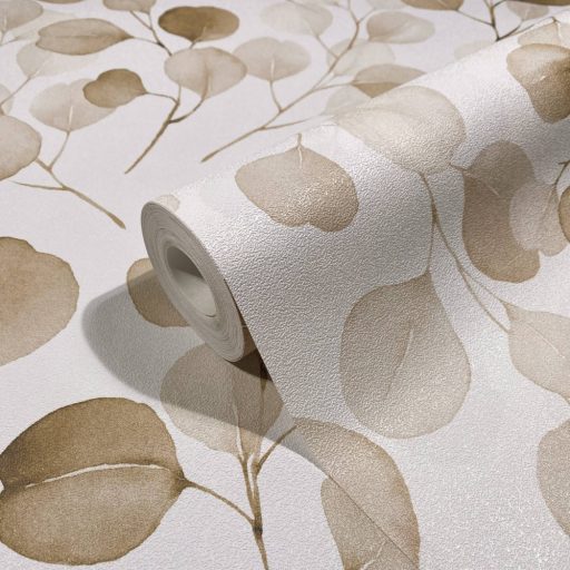 Bevezetés a botanikába -  Filigrán pilea ágak kerekded levelekkel fehér bézs és barna tónus tapéta