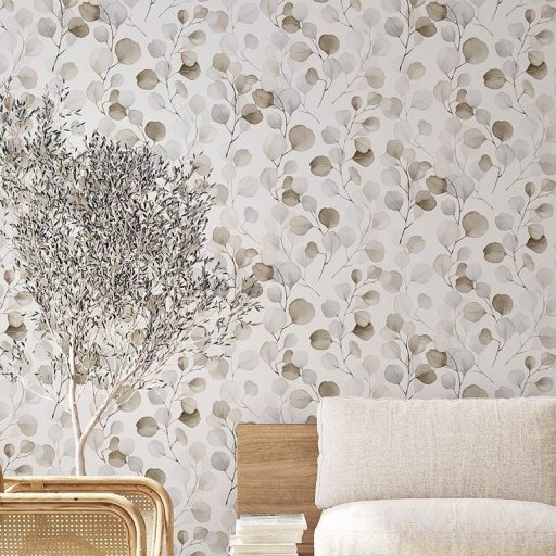 Bevezetés a botanikába -  Filigrán pilea ágak kerekded levelekkel fehér bézs szürke és barna tónus tapéta