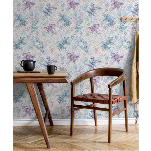 Egész évben virágpompában - Színes akvarell motívum fehér rózsaszín kék zöld és lila tónusok tapéta