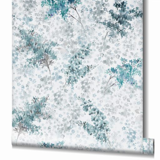 Egész évben virágpompában - Színes akvarell motívum fehér szürke zöld és türkiz tónusok tapéta