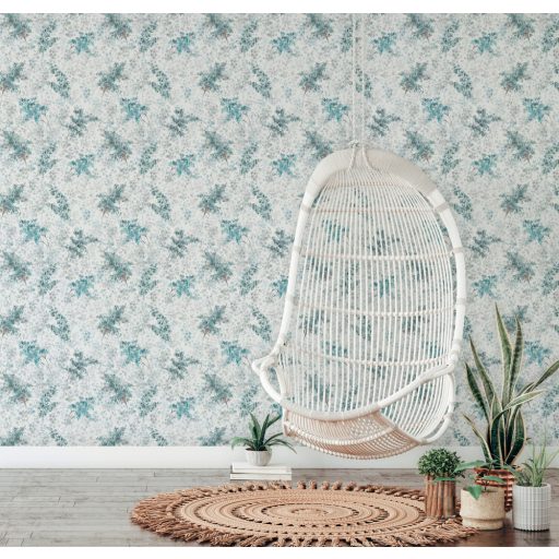 Egész évben virágpompában - Színes akvarell motívum fehér szürke zöld és türkiz tónusok tapéta