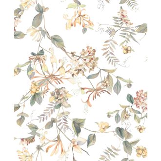   Trópusi virágmotívum termés/bogyókkal fehér zöld barna sárga és mályva tónusok tapéta