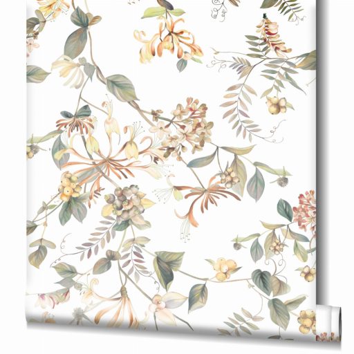 Trópusi virágmotívum termés/bogyókkal fehér zöld barna sárga és mályva tónusok tapéta