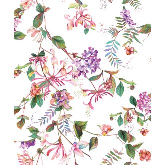   Trópusi virágmotívum termés/bogyókkal fehér zöld rózsaszín mályva és lila tónusok tapéta