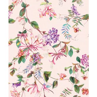   Trópusi virágmotívum termés/bogyókkal rózsaszín zöld mályva és lila tónusok tapéta