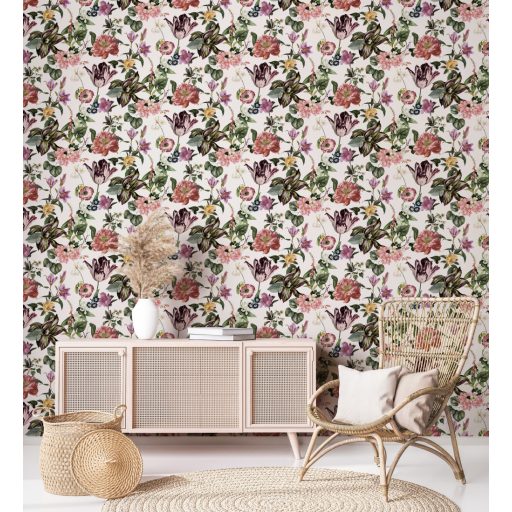 Változatos és pazar precíz kidolgozású virágmotívum fehér zöld rózsaszín és sokszínű tónus tapéta