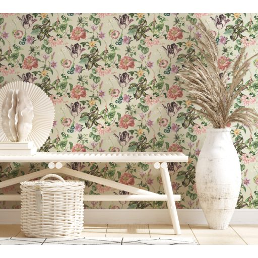 Változatos és pazar precíz kidolgozású virágmotívum bézs zöld rózsaszín és sokszínű tónus tapéta