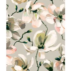   Akvarell virágfantázia - Magnólia virágok és bimbók bézs/szürkésbézs zöld korallszín és sokszínű tónus tapéta