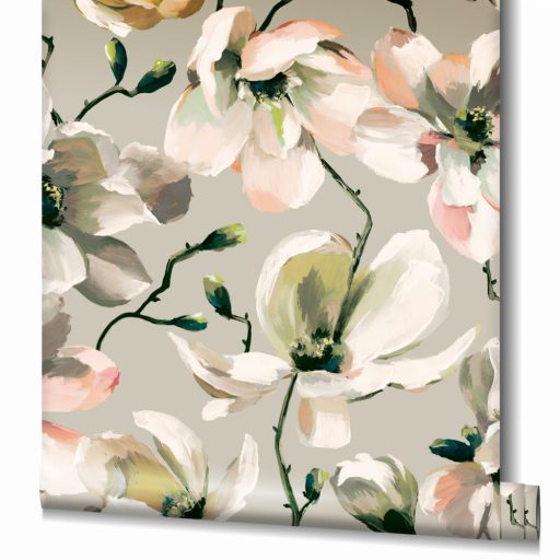 Akvarell virágfantázia - Magnólia virágok és bimbók bézs/szürkésbézs zöld korallszín és sokszínű tónus tapéta