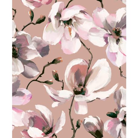 Akvarell virágfantázia - Magnólia virágok és bimbók antik rózsaszín zöld barna és sokszínű tónus tapéta