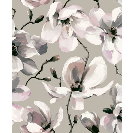 Akvarell virágfantázia - Magnólia virágok és bimbók szürke fehér rózsaszín és sokszínű tónus tapéta