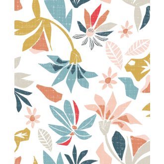   Absztrakt grafikus virágmotívum - színes sziluettek fehér kék piros és sokszínű tónus tapéta