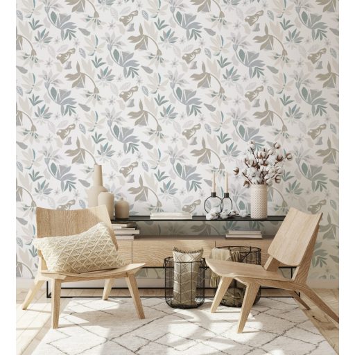 Absztrakt grafikus virágmotívum - színes sziluettek fehér szürke bézs és kék tónusok tapéta