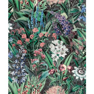   Változatos színes és buja vadvirágok káprázatos mintája fekete zöld és sokszínű tónus tapéta