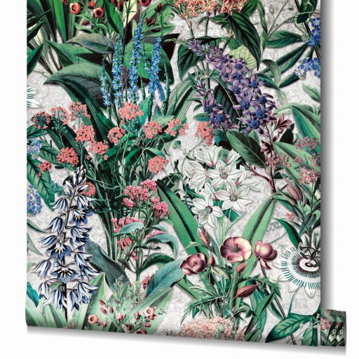 Változatos színes és buja vadvirágok káprázatos mintája szürke zöld lila és sokszínű tónus tapéta