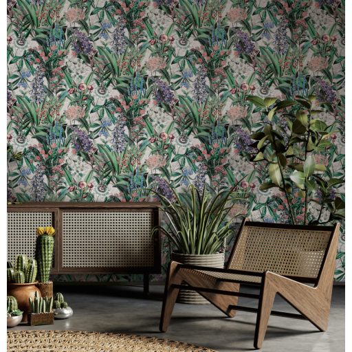 Változatos színes és buja vadvirágok káprázatos mintája szürke zöld lila és sokszínű tónus tapéta