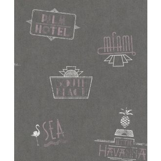   Rasch b.b home passion V, 476217 Art Deco Miami feeling feliratok antracit rózsaszín fehér tapéta