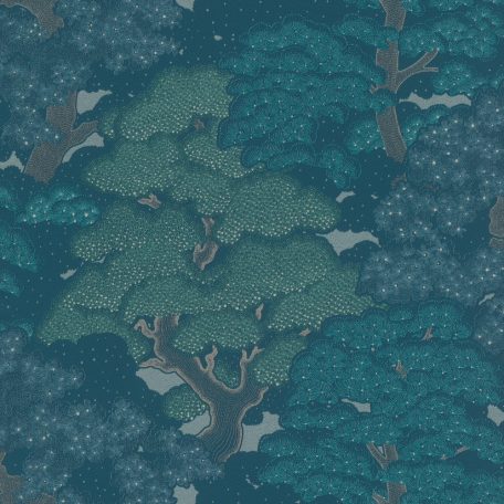 Rasch SALSA 477238 Natur Botanikus elvarázsolt erdő öreg fák "gyapjas" lombkorona kék benzin és türkizzöld matt és fényes ezüst tapéta