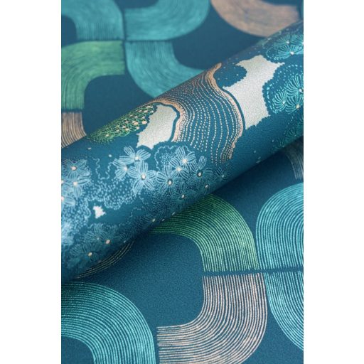 Rasch SALSA 477238 Natur Botanikus elvarázsolt erdő öreg fák "gyapjas" lombkorona kék benzin és türkizzöld matt és fényes ezüst tapéta