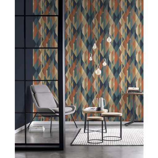 Rasch Zoya/SALSA 477436 Geometrikus három és négyszögek varázslatos találkozója kék olívzöld krém barna piros tapéta